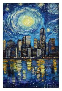 A stunning Van Gogh-inspired painting of the New York City skyline at night, with swirling stars and vibrant reflections on the water.