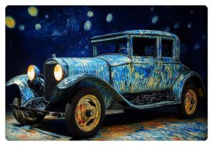 A vintage car painted in the iconic style of Vincent van Gogh’s "Starry Night," featuring swirling blues and yellows.