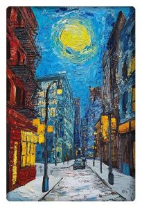 A vibrant, textured painting of a moonlit Manhattan street, inspired by Van Gogh’s style, with swirling blues and bright yellows illuminating the urban scene.