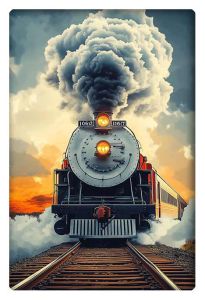 A powerful steam locomotive charges forward, billowing thick clouds of smoke, with a vibrant sunset glowing in the background.