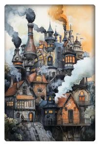 A detailed steampunk-inspired village with tall, whimsical buildings and chimneys emitting steam, set against a cloudy sky, creating a blend of industrial and fantasy elements.