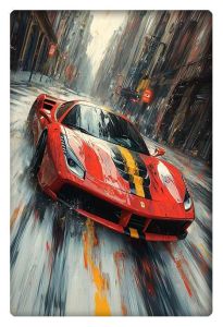 Abstract painting of a red Ferrari racing through a city street with dynamic motion and vibrant brushstrokes.