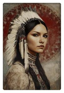 Portrait of a strong Native American woman in traditional headdress with a symbolic background.