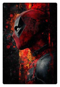 Side profile of Deadpool against a bold red and black splattered background.