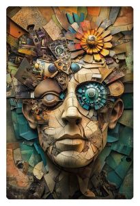 A surreal, mixed-media artwork of a human face composed of various mechanical and natural elements. The face, made of cracked, earth-toned pieces, is adorned with gears, flowers, and abstract mechanical parts. One eye is replaced with a futuristic, turbine-like gear, while the other appears to be covered in a mosaic of fragmented textures. The overall design creates a sense of disintegration and reassembly, blending technology with organic materials in a structured yet chaotic composition. The colors range from muted browns and greens to vibrant oranges and blues, enhancing the sense of creativity amidst destruction.