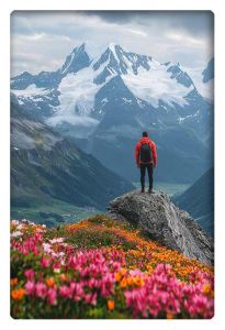 A man stands atop a rock, overlooking vibrant wildflowers and a snow-capped mountain range in the distance.