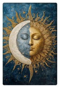 An artistic depiction of the sun and moon, symbolizing duality with intricate detailing in gold and blue.