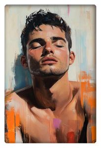 Portrait of a contemplative man with eyes closed, basking in sunlight, surrounded by vibrant abstract brushstrokes.