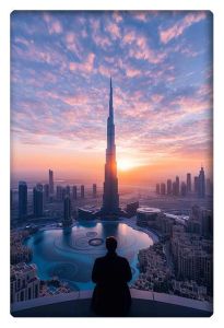 A man stands on a high vantage point overlooking the Dubai skyline at sunrise, with the Burj Khalifa towering above the city and a glowing sky filled with pink and orange clouds.