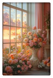 A warm and cozy room filled with lush pink and peach flowers in a large vase, bathed in soft evening light from a window overlooking a beautiful sunset.