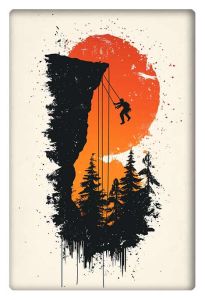 Silhouette of a climber scaling a mountain against a backdrop of a large orange sun and pine trees.