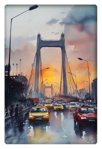 Watercolor painting of cars crossing a suspension bridge during a vibrant sunset with reflections on the wet roadway.