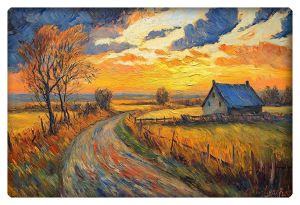 Impressionistic oil painting of a country road at sunset, featuring a rustic house, bare trees, and a dramatic sky.