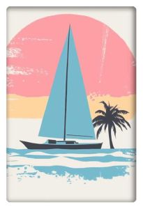 Minimalist artwork of a sailboat gliding across the water at sunset, with a palm tree silhouetted against pastel colors.