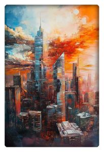 Surreal painting of a futuristic city skyline with skyscrapers illuminated by a fiery sunset.