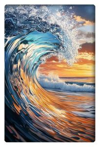 A stunning wave catches the sunset, its colors reflecting vibrant orange, blue, and gold hues as it curls.