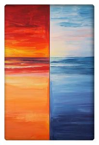 Abstract diptych painting contrasting vibrant sunset hues with serene blue ocean tones.