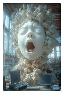 A surreal sculpture of a giant baby’s head with an open mouth, floating in the middle of an office space filled with computer equipment.