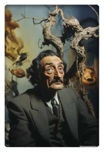 Surreal portrait of Salvador Dali, featuring a whimsical background of twisted trees and peculiar creatures.