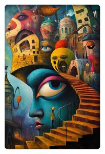 Surreal painting of a giant blue head with a staircase leading to whimsical, abstract buildings and bizarre faces.