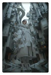 A futuristic and surreal scene featuring a figure standing in a highly detailed, labyrinth-like urban environment. The individual, dressed in a bulky, white, tech-infused outfit, appears to blend into the surrounding structures, which are composed of angular, mechanical shapes. The atmosphere is muted and dreamlike, with a color palette dominated by cool tones of grey, white, and metallic hues. The architecture towers overhead, creating a sense of vastness and scale, while the figure's attire, reminiscent of a spacesuit or advanced tactical gear, suggests a narrative of technology, isolation, and exploration in a dystopian future.