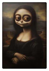 Surreal reimagining of the Mona Lisa with large, exaggerated cartoon-like eyes and a playful smile.