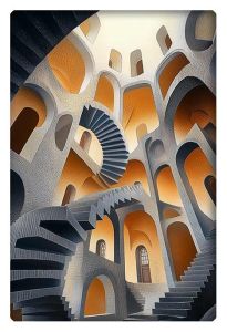 A surreal architectural artwork featuring a maze of twisting staircases and arches, with a dreamlike interplay of light and shadow in shades of orange and gray.