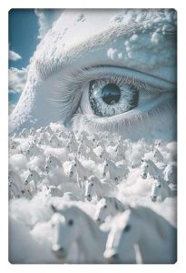 A surreal image featuring a mass of white horses galloping on clouds, with a large, detailed eye watching over them in the background.