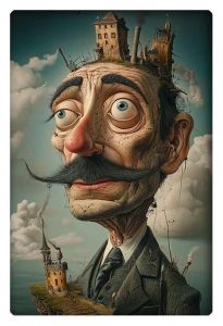 Surrealist cartoon portrait of a man with exaggerated features, including large eyes and a prominent mustache, with small houses and chimneys built on his head, reminiscent of Salvador Dali's surrealistic style.