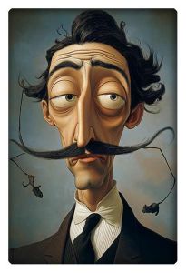 A surreal cartoon portrait of a man with a long, exaggerated mustache, sleepy eyes, and slightly disheveled hair, rendered in a style reminiscent of Salvador Dali's surrealism.