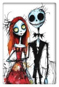 Surrealistic artwork featuring Jack and Sally, characters with exaggerated features, large eyes, and whimsical design in a unique, grunge-inspired style