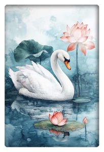 A watercolor painting of a swan gliding on a tranquil lake, surrounded by lotus flowers.