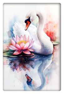 A beautiful watercolor painting of a swan next to a blooming lotus flower in soft, serene colors.