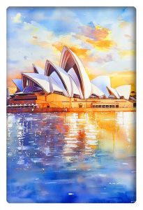 A stunning watercolor painting of the iconic Sydney Opera House, reflecting beautifully on the calm waters during a vibrant sunset.