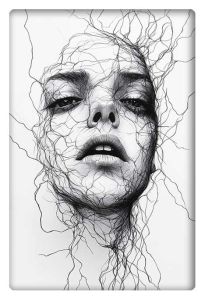 Abstract black and white drawing of a woman's face intertwined with intricate lines.