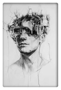 Pencil and charcoal drawing of a man wearing abstract mechanical headgear, blending technology with human form.