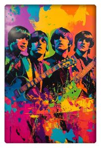 Colorful pop art illustration of The Beatles band members holding guitars.