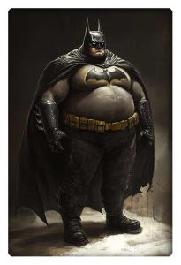 Chubby Batman standing confidently, donning his iconic suit with a bold, humorous twist.