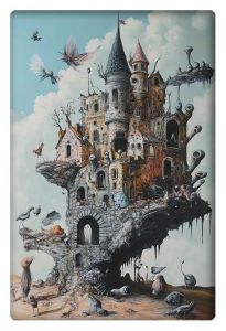 A fantastical and surreal castle perched atop a jagged rock formation, featuring whimsical creatures, odd structures, and mythical elements.