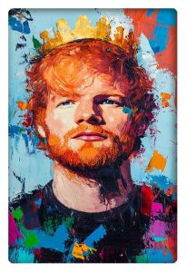 Ed Sheeran wearing a golden crown in a colorful abstract portrait.