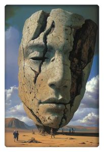 A colossal, cracked stone face stands in the middle of a desert, resembling an ancient, weathered statue. The face is broken and fragmented, with deep cracks running through it, creating a hauntingly surreal effect. Tiny human figures are seen walking below, emphasizing the immense scale of the face and the vastness of the landscape.