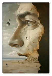 Surreal artwork of a man's profile, merging with a crumbling stone wall by the beach.