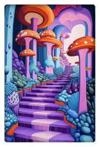 A vibrant staircase made of alternating shades of purple ascends into a surreal forest filled with towering orange-capped mushrooms. The tall, slender mushroom stems are colored in soft pinks and purples, and their caps feature white spots, standing out against the multicolored background. Blue and teal alien-like plants line the path, creating a mystical, otherworldly atmosphere. The staircase leads into a glowing, cave-like archway, which adds a sense of mystery to the scene, as though it’s guiding you to an unknown magical realm.