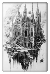 A black-and-white surrealist drawing of a gothic cathedral suspended in mid-air. The structure, with its towering spires, intricate arches, and large clock face, appears to be melting, with parts of it transforming into organic tendrils and roots that extend into the void below. The cathedral has a haunting, otherworldly quality, as if it is both ancient and alive. Floating orbs and gears surround the structure, adding to the sense of surrealism, and a winding staircase made of uneven steps leads up to the cathedral’s entrance.