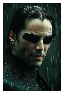 A close-up of a man in black sunglasses, standing in the rain, with an intense expression.