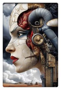 Surreal art of a woman's profile with mechanical gears and ancient symbols integrated into her face.