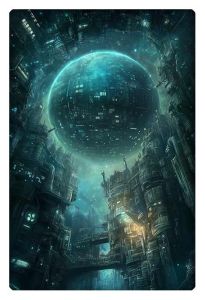 Futuristic cityscape with a massive illuminated sphere hovering above, surrounded by towering intricate structures.