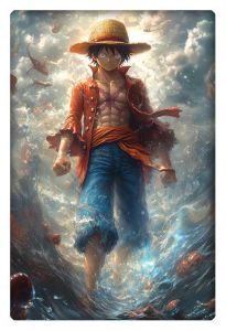 Vivid illustration of Luffy from One Piece emerging powerfully from water, surrounded by waves and energy.