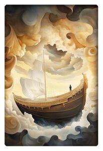 An ethereal painting of a grand wooden ship with golden carvings sailing through swirling clouds in a surrealist, dreamlike sky. The white sails billow gently, and a lone figure stands on the deck, gazing into the horizon. The surrounding clouds curl and twist, creating a mystical, almost heavenly atmosphere. The painting evokes the philosophical idea of the Ship of Theseus, as the ship appears to float in a vast, abstract space.