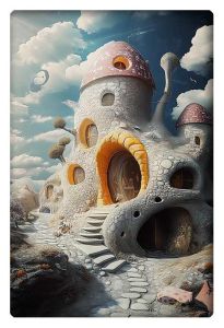 A surreal painting of a whimsical, fantasy-like house that resembles a toadstool, with round, bubbly walls made of stone and a pink mushroom-shaped roof. The house features curving stairways, round windows, and doorways that seem to defy conventional architecture. The landscape around the house is equally whimsical, with floating objects in the sky and small, peculiar details like abstract sculptures. The overall atmosphere is light and playful, evoking a fairytale-like world where the laws of reality don’t seem to apply.